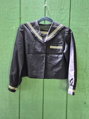 Vintage Navy Sailor-Style Cropped Blouse with Stripe Trim